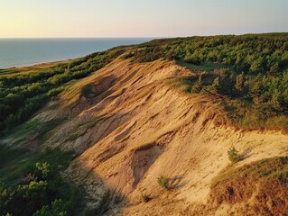 Fototapeta premium Coastal sand dunes at sunset, aerial view; nature background