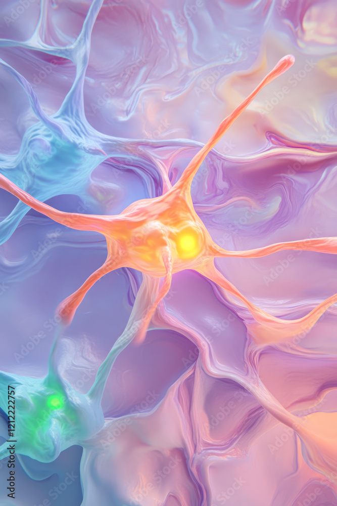 Poster An artistic depiction of neurons with brightly colored synapses forming new links, set against a flowing, abstract background to emphasize the process of neuroplasticity,