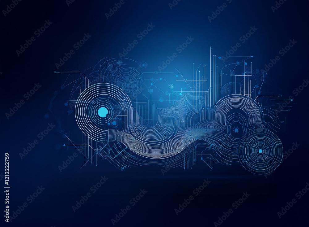 Aufkleber abstract digital art depicting a flowing, dark grey waveform integrated with glowing blue circuit li