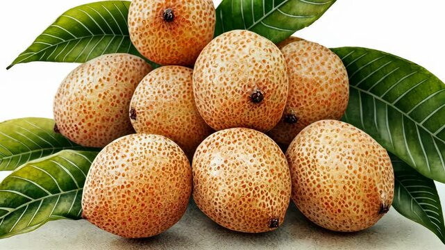 Freshly harvested sapodilla fruits arranged with green leaves on a light background for a vibrant display of tropical bounty