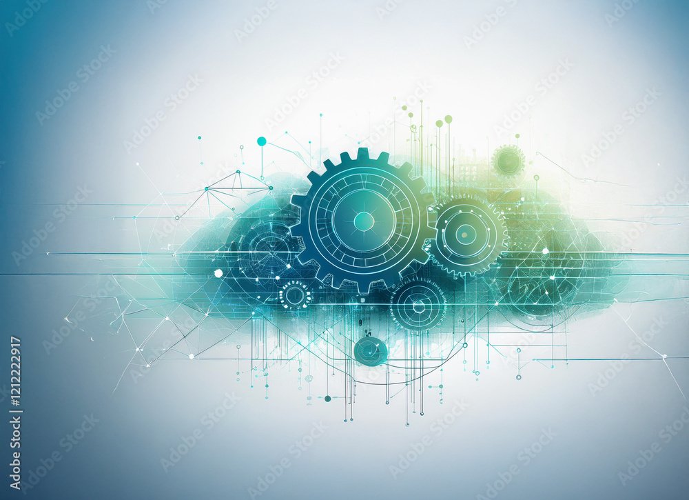 Fototapete Abstract illustration depicting a cloud computing system.  Interconnected gears and nodes symbolize complex technological processes within a cloud infrastructure.
