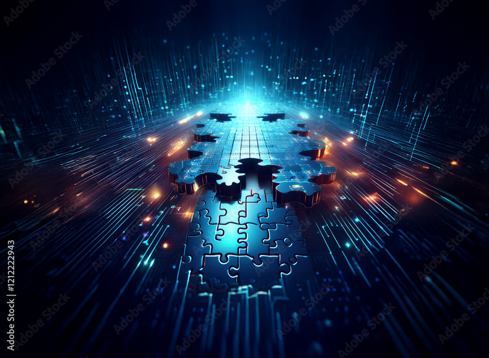Fototapete Glowing puzzle pieces interconnect on a futuristic circuit board, symbolizing digital integration and problem-solving.  A powerful visual metaphor for technological synergy.