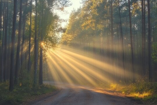 Sunbeams illuminate forest path, misty autumn morning