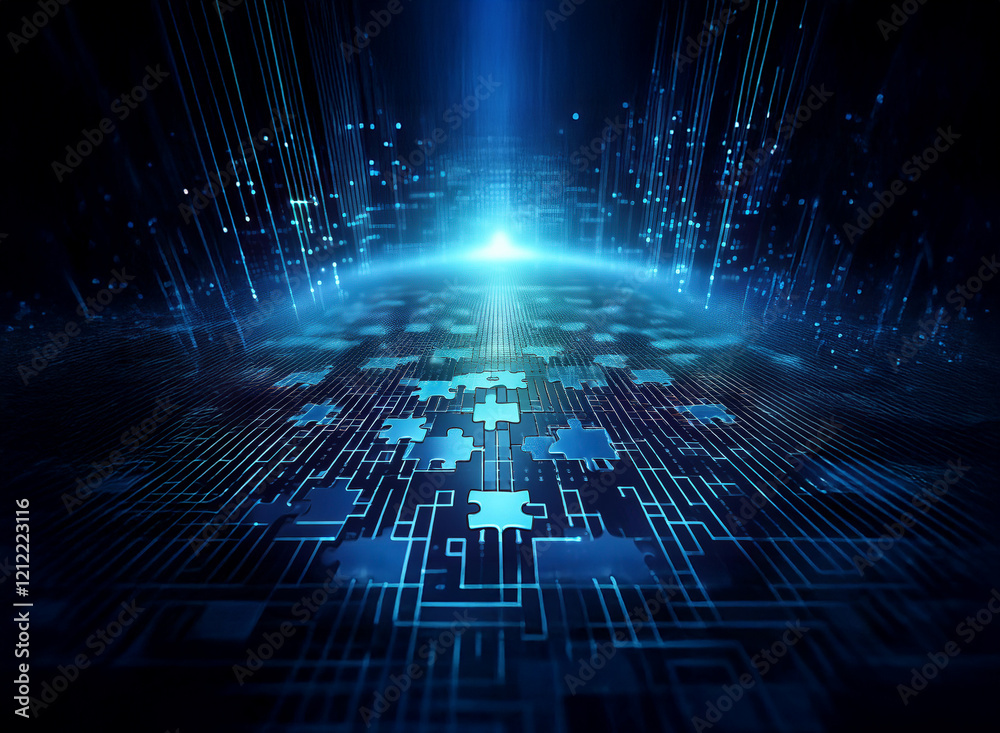 Poster abstract digital art depicting a glowing, futuristic cityscape composed of interconnected puzzle pie