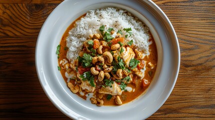 Creamy coconut curry with chicken, cashews, and rice served in a white bowl on a wooden table.