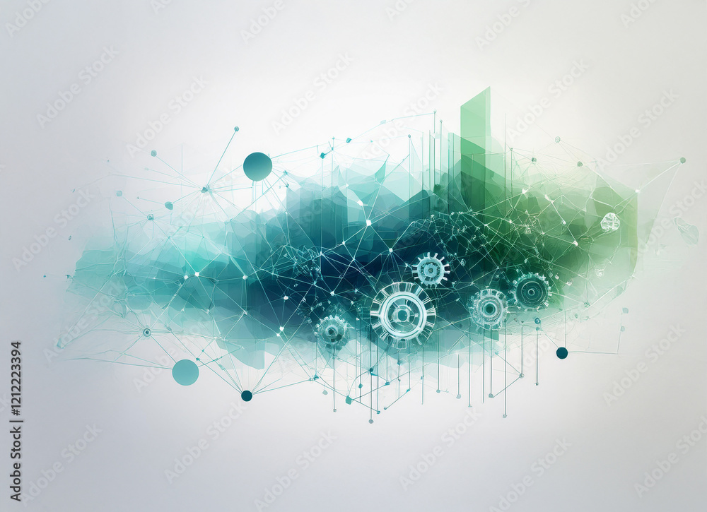 Aufkleber abstract illustration of interconnected gears and nodes within a stylized cloud, representing digita