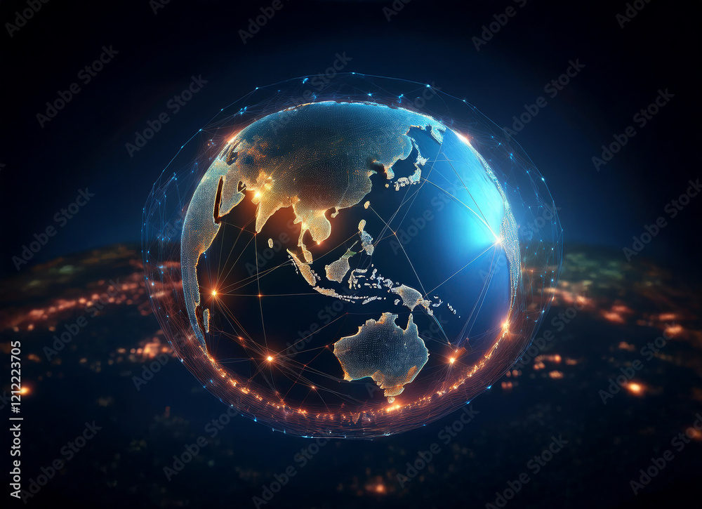 Aufkleber A digitally enhanced image of Earth at night, showcasing interconnectedness via glowing lines representing global communication networks and data flow.  City lights illuminate continents.