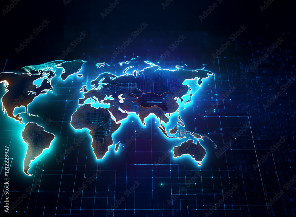 Poster A glowing, digital world map pulses with blue light, showcasing global connectivity and technological advancement.  Data streams flow across continents, illustrating a networked planet.