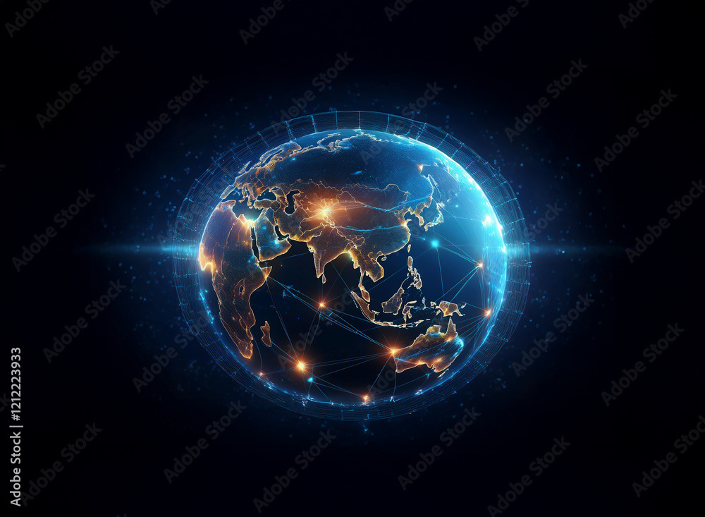 Aufkleber A glowing digital Earth, encircled by a network of interconnected nodes, representing global communication and data flow.  Bright nodes highlight key regions.