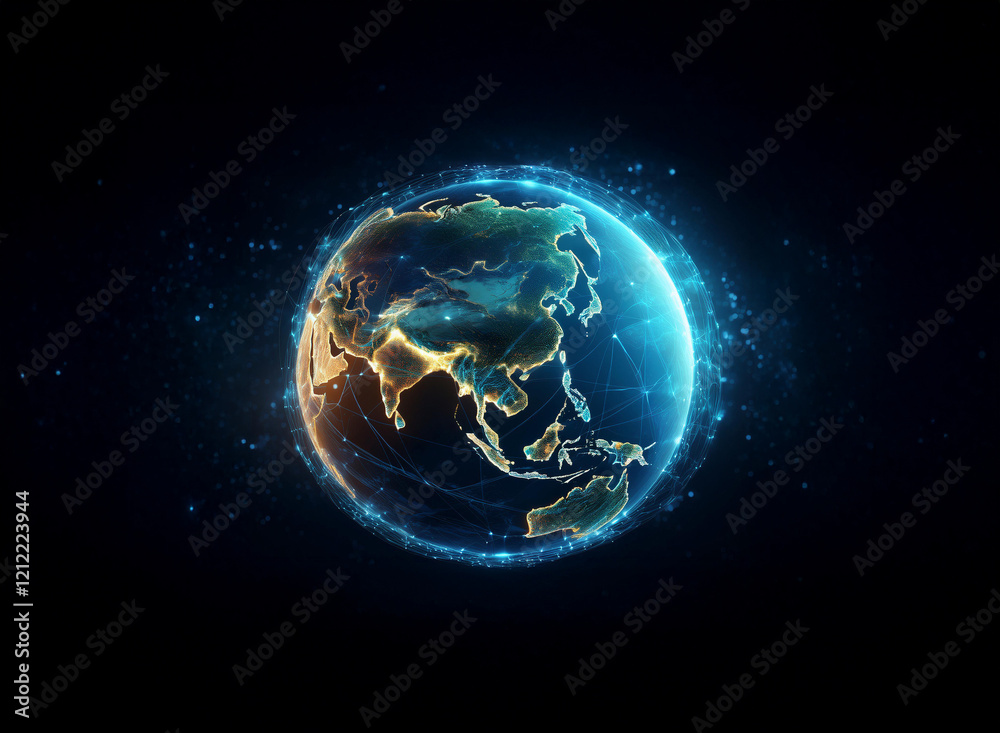 Aufkleber A glowing digital earth, continents outlined in light, floats in dark space.  Network connections suggest global communication and data flow.