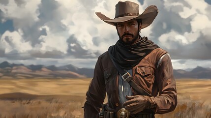 Fototapeta premium A lone cowboy stands in a vast, desert landscape under a cloudy sky.