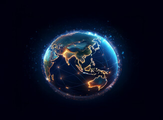 A stylized digital rendering of Earth, glowing with interconnected lines of light, highlighting Asia and Oceania.  The dark background emphasizes the global network.