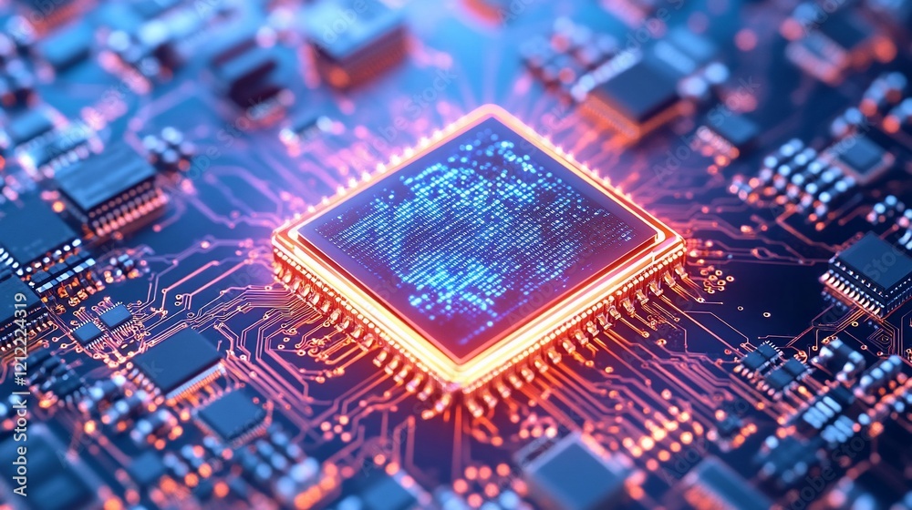 Poster Close-up of a computer microchip with a glowing digital world inside.