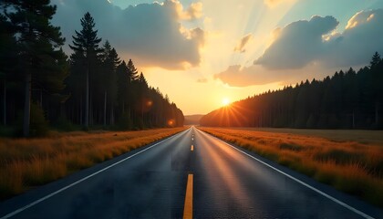 Fototapeta premium A long asphalt road stretching into the distance at sunset with a forest and field on each side