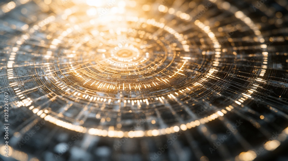 Poster Abstract circular pattern with glowing gold lines and dark background.