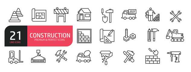 Set of line icons related to house, repair, excavator, contractor, renovation. Outline icons collection. Editable stroke. Vector illustration.