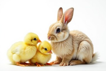Easter bunny nestled amongst baby chicks on pure white, adorable, springtime, farm animals
