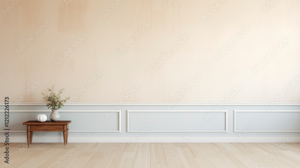 Poster A white wall with a wooden table and a vase of flowers on it. The room is empty and has a minimalist feel. AI generated.