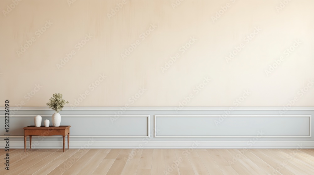 Aufkleber A white room with a wooden table and two vases on it. The room is empty and has a minimalist feel. AI generated.
