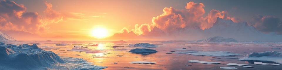 Obraz premium Arctic Icebergs at Midnight, dramatic ice formations, glowing horizon, serene frozen sea, tranquil yet powerful natural beauty