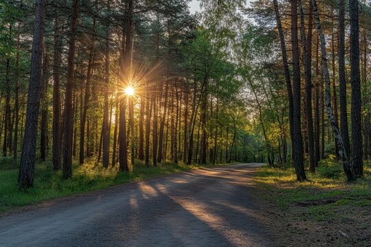 Sunset forest path, sun rays, trees, shadows, nature, tranquility, peaceful, idyllic, background, travel