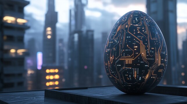 Sleek metallic egg with glowing circuitry patterns on a cyberpunk city rooftop.