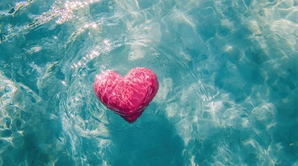 Fototapeta premium Pink Heart Floating in Turquoise Ocean Water