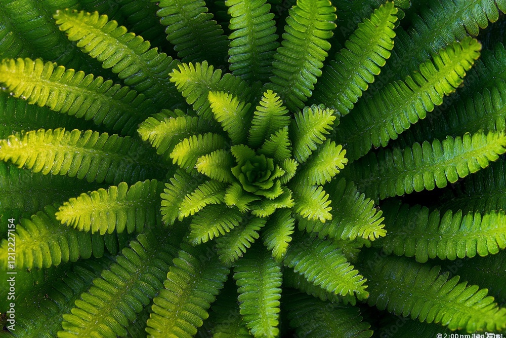 Poster close-up overhead shot of a vibrant green fern, showcasing its intricate leaf structure and radiatin