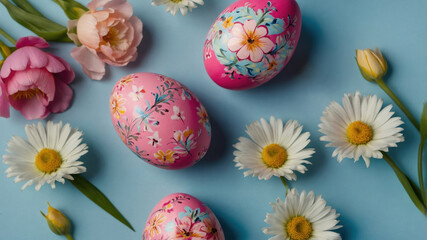 Colorful Easter eggs and spring flowers neatly arranged on a light blue background. Top view, minimalist composition with vibrant elements symbolizing spring and Easter
