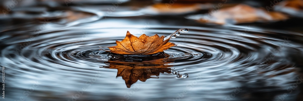 Poster autumn leaf floating on water with ripples.