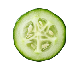 Freshly cut cucumber slice reveals vibrant green color and intricate seed pattern from a garden in summer on transparent background
