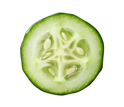 Freshly cut cucumber slice reveals vibrant green color and intricate seed pattern from a garden in summer on transparent background