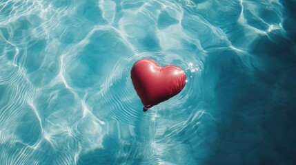 Fototapeta premium Red Heart Balloon Floating on Blue Water