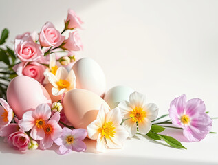 Easter Palette: Eggs and Flowers on a White Background