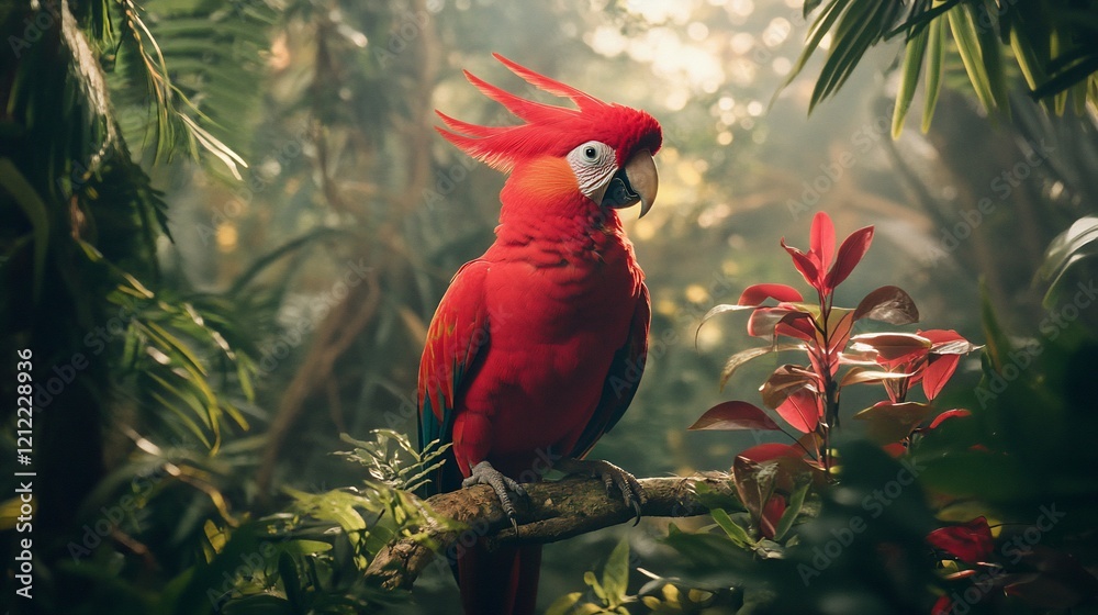 Poster vibrant red parrot perched on a branch in a lush rainforest, sunlight filtering through leaves.