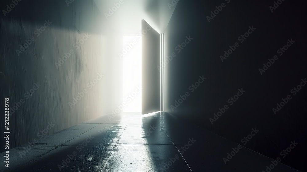 Poster A dark hallway with a door that is open to the light. The light shining through the door creates a sense of hope and possibility. AI generated.