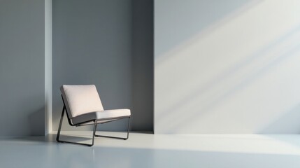 A minimalist modern chair sits in a sunlit room with pale walls and a soft gray accent wall