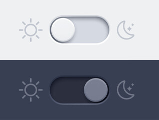 Dark mode and light mode toggle switch buttons.  Material design slider switch buttons set. Day and night mode switch button. Vector illustration.