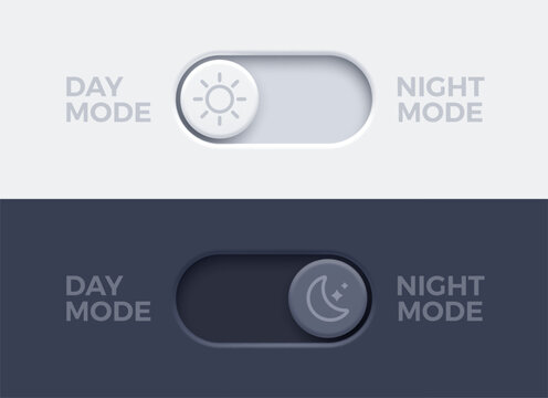 Dark mode and light mode toggle switch buttons.  Material design slider switch buttons set. Day and night mode switch button. Vector illustration.