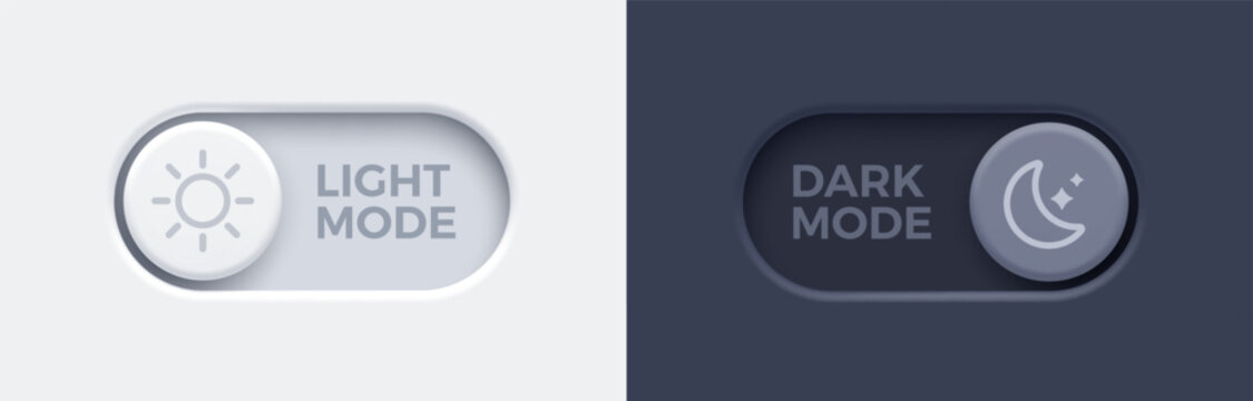 Dark mode and light mode toggle switch buttons.  Material design slider switch buttons set. Day and night mode switch button. Vector illustration.