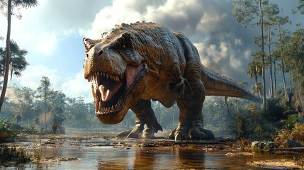 Fototapeta premium A massive dinosaur stands in a lush prehistoric landscape, showcasing its power amidst dramatic clouds