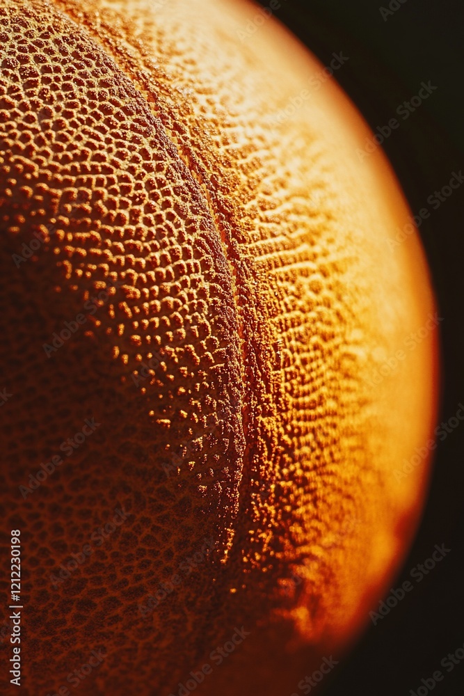 Poster Close-up of a textured, orange sphere's surface, illuminated from above, showing detailed pattern and subtle seam.