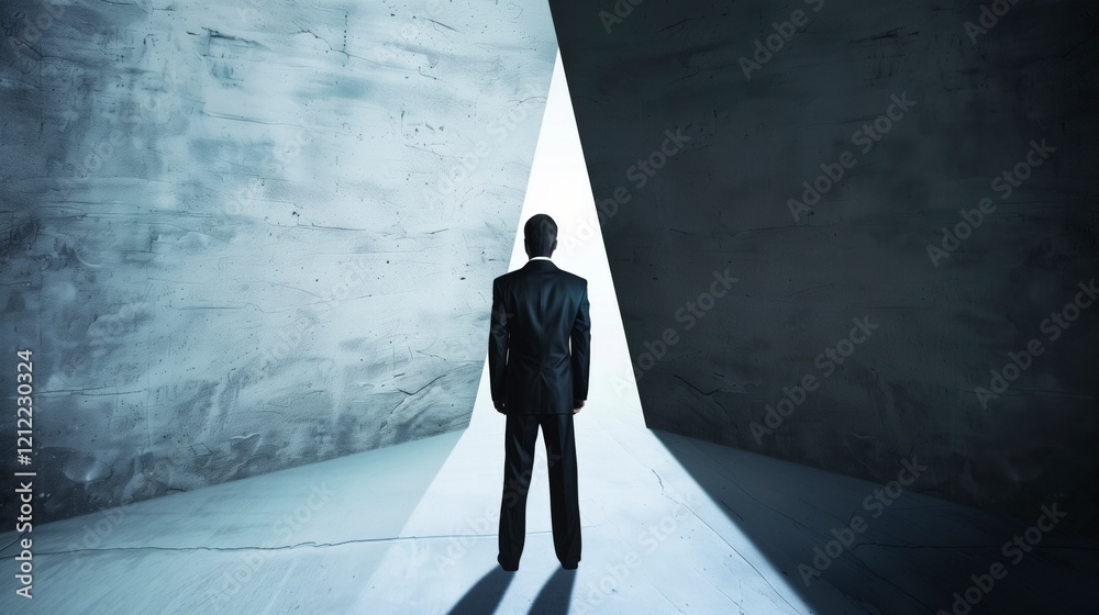 Poster a man in a suit stands in a large, empty room with a doorway in the middle. he looks up at the doorw