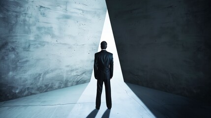 A man in a suit stands in a large, empty room with a doorway in the middle. He looks up at the doorway, as if he is waiting for something or someone to come through. AI generated.