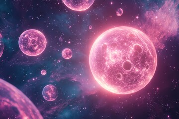 Naklejka premium Pink Celestial Bodies Orbiting In A Cosmic Nebula