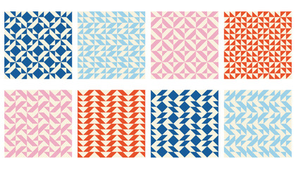 Retro Bauhaus tile collection. Triangle and square seamless pattern set. Geometric tile backgrounds.