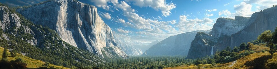 Naklejka premium El Capitan Ascent, towering cliffs, climbers scaling granite, expansive valley below, Yosemite National Park, breathtaking natural grandeur