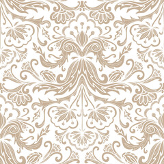 Damask style pattern, paisley floral pattern, white and beige colors. Seamless floral pattern-620.