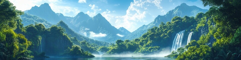 Obraz premium Majestic Papua New Guinea Mountains, towering peaks, dense rainforests, cascading waterfalls, vibrant wildlife, lush green landscape
