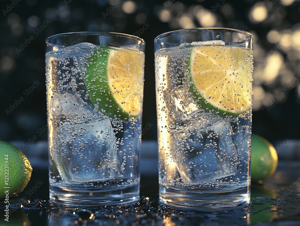 Poster two glasses of sparkling water with lime wedges and ice cubes on a dark surface.